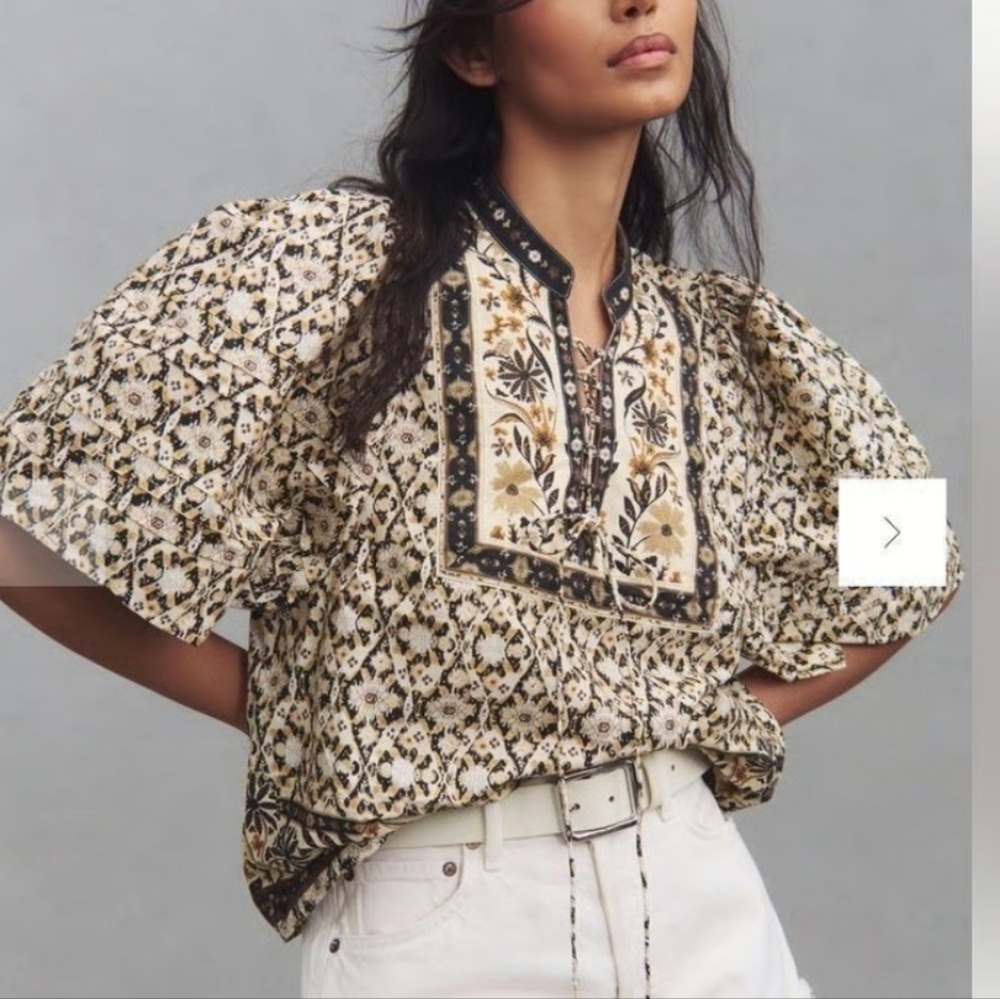 Anthropologie Pleated Puff Sleeve Floral Peasant Boho Blouse Sz MP Black & Gold